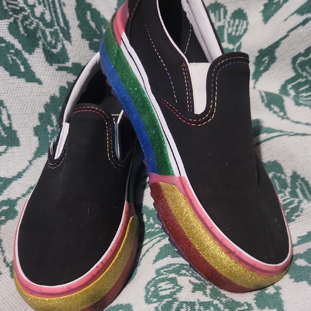 Vans Black Slip-On Shoes with Rainbow Sole